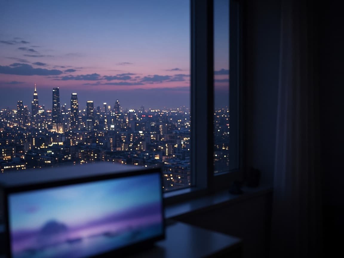 A city skyline at dusk seen from a dark room